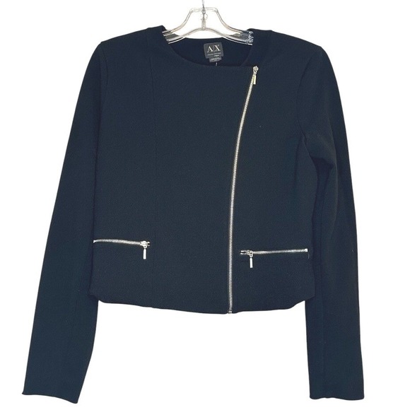 Armani Exchange Jackets & Blazers - Armani Exchange Moto Jacket Women Black Asymmetrical Zip Textured Crepe Chic L